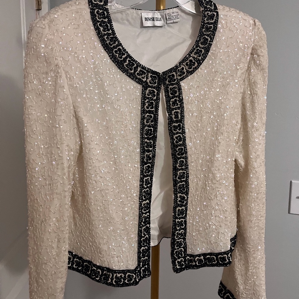 Vintage Silk Cream Beaded Open-Front Jacket with Black Trim